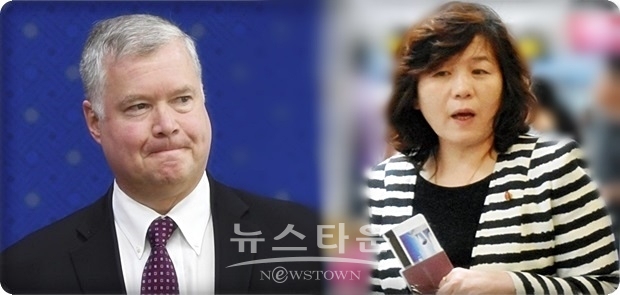 여행금지 조치의 재검토는 트럼프 행정부의 입장이 진화하고 있는 것으로 진단하는 전직 고위관계자도 있지만, 미국의 모든 조치는 반드시 북한의 태도변화와 맞물려야 한다는 주장도 있다. / 사진 : 스티븐 비건 미국의 대북정책특별대표(왼쪽)과 최선희 북한 외무성 부상