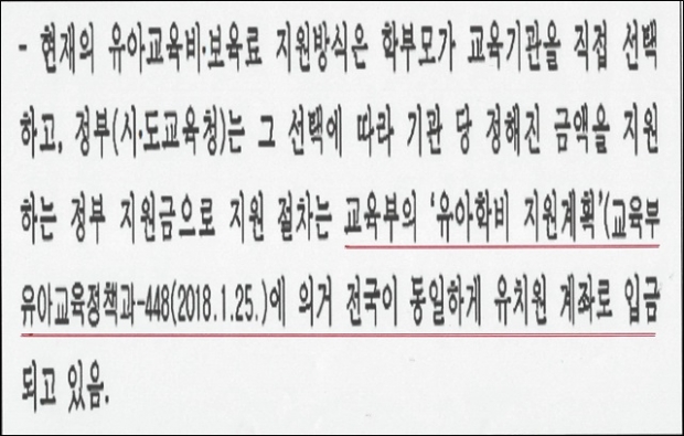 교육부의 ‘유아학비 지원계획’(교육부 유아교육정책과-448(2018.1.25.)에 의거 전국이 동일하게 유치원 계좌로 입금되고 있다.