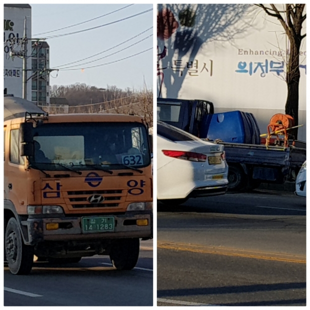 GS건설관련차량인 레미콘차량의 불법유턴(좌)과 세륜을 하지않은 차량(우)