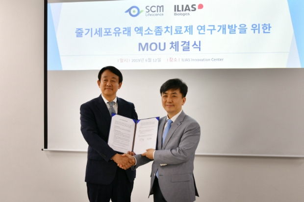 왼쪽부터 이병건 SCM생명과학 대표이사, 최철희 일리아스바이오로직스 대표이사