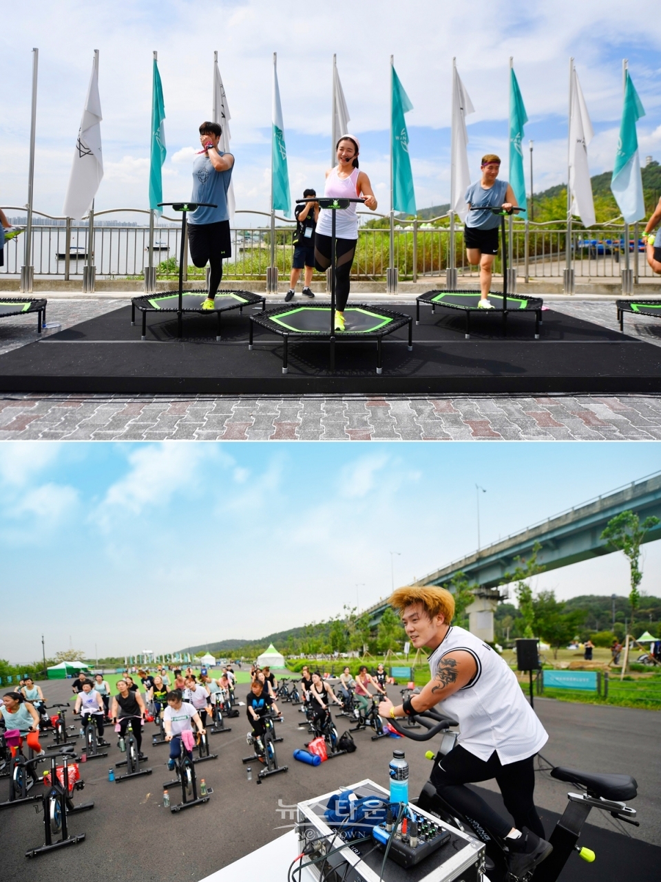 (사진설명: 원더러스트 아웃도어 스튜디오 윤하이 강사의 트램폴린 피트니스, 카파 강사의 스피닝)