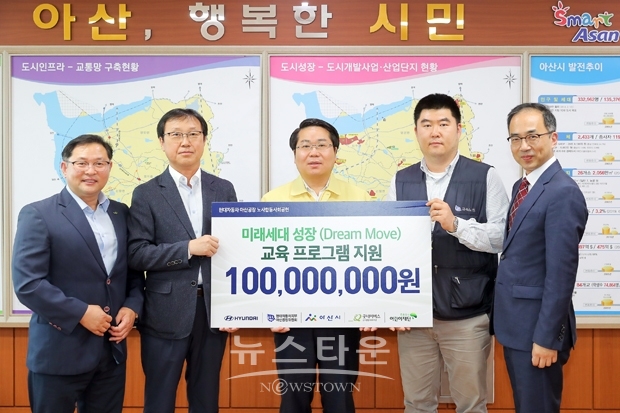 현대자동차(주) 아산공장이 지난 5월 12일 노사합동 지역사회 공헌사업으로 아산시에 후원금을 전달했다. 사진)좌측부터 온주종합사회복지관 채종병 관장, 현대자동차 아산공장 송광수 공장장, 오세현 아산시장, 현대자동차 아산공장 노동조합 아산위원회 조영래 부의장, 초록우산어린이재단 충남지역본부 신경근 본부장