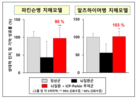 사진설명: 퇴행성 뇌질환 치료신약 iCP-Parkin의 파킨슨병 및 알츠하이머병 유도 치매 (인지능력) 치료효능