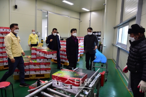 지난 5일 수출 농산물 선별장을 방문한 조규일 진주시장