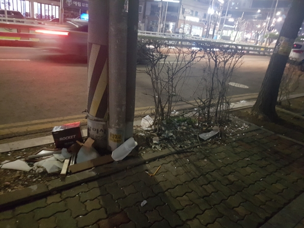 도로의 화단, 유리파편등으로 심각히 오염돼 있어 식물생존환경에도 어려워 보인다.