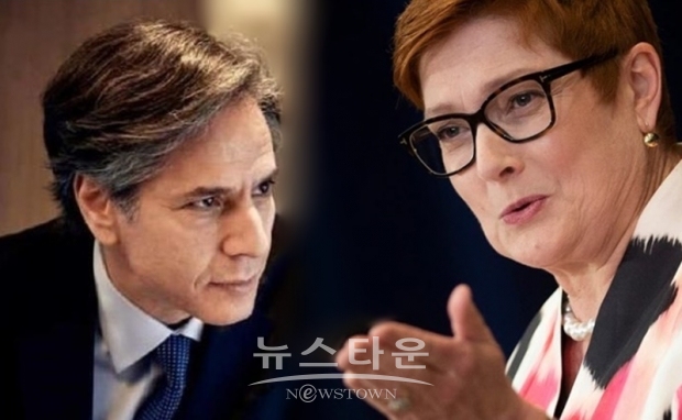 호주는 미국과 중국 사이에서 ‘줄타기 외교’를 하지 않을 수 없는 상황이어서 호주의 고민이 깊어질 수밖에 없다. 군사와 안보 측면에서는 미국에, 경제와 무역에서는 중국에 의존하는 호주라서 주요 현안마다 ‘줄타기’ 외교를 하지 않을 수 없는 상황이다. 한국도 호주와 비슷한 처지에 놓여 있긴 하다. 위 사진 오른쪽이 마리스 페인 호주 외무장관/ 오른쪽 : 토니 블링컨 미국 국무장관