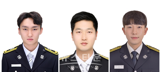 천안동남소방서 인명구조사 2급 자격시험 3명 합격자. 사진)좌측부터 길병준 소방교, 김민호 소방교, 김지환 소방사