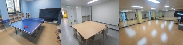 원종어울마당 탁구장(왼쪽), 멀티룸(가운데), 댄스연습실(오른쪽)