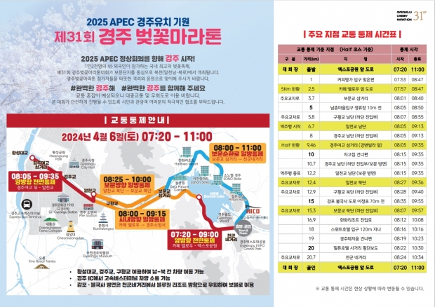 제31회 경주벚꽃마라톤 주요 구간 교통통제 시간표
