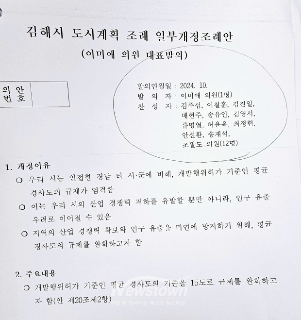 김해시의회 도시건설위원회 위원장을 비롯해 다수 의원들이 조례에 대해 동의하는 싸인을 하고도 이 의원이 임시회 조례발표가 끝나자 돌연 부결 처리하는 드문 사례가 발생했다.