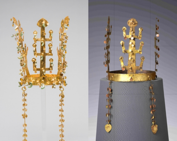 금관(金冠)-경주 금관총 출토(사진 왼쪽), 금동관(金銅冠)-양산 북정리 출토(사진 오른쪽)/양산시제공
