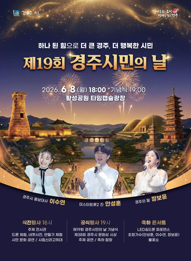 경주시가 오는 6월 8일 황성공원 타임캡슐광장에서 개최하는 '제19회 경주시민의 날' 행사 홍보 포스터