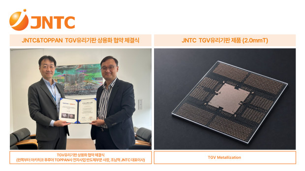 (왼쪽) TGV유리기판 상용화 협약 체결식 (왼쪽부터 아키히코 후루야 TOPPAN사 전자사업 반도체부문 사장, 조남혁 JNTC 대표이사)(오른쪽) JNTC TGV유리기판 제품 이미지 (2.0mmT)