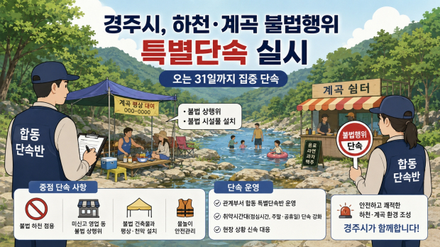 경주시가 오는 31일까지 주요 하천·계곡의 불법 상행위와 불법 시설물 설치 등에 대한 특별단속을 실시하는 내용을 담은 홍보 일러스트.