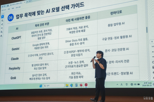 교육 강사가 생성형 AI별 특성과 업무 활용 방법을 설명하며 행정 실무에 적용할 수 있는 AI 활용법을 소개하고 있다