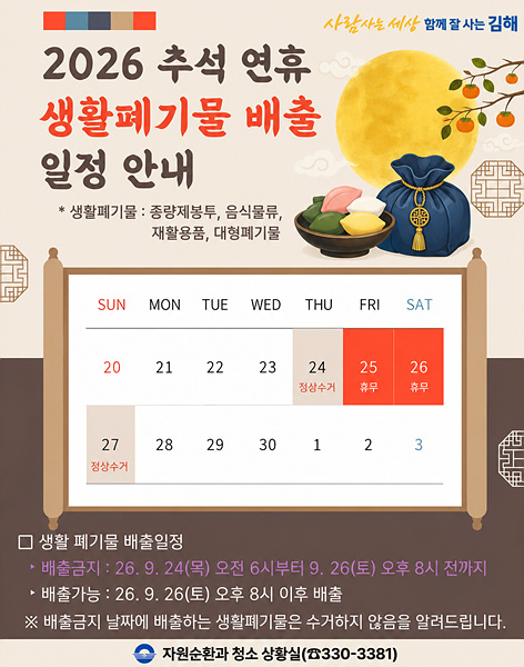 김해시 2026년 추석 연휴 생활폐기물 수거일정 안내=김해시